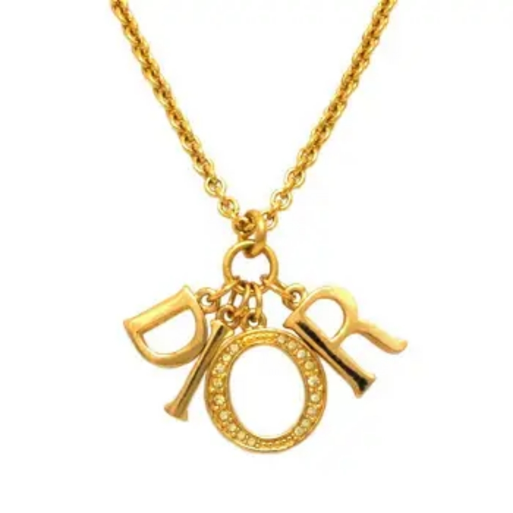 Christian Dior necklace gold GP rhinestone stone matinee 50cm chain